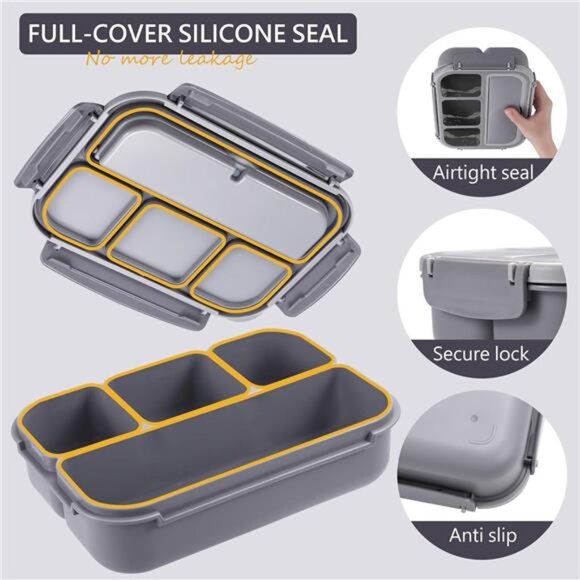Adult & Kids Bento Lunch Box -4-Compartment Meal Container‎ with Utensils, Gray - Picture 4 of 8